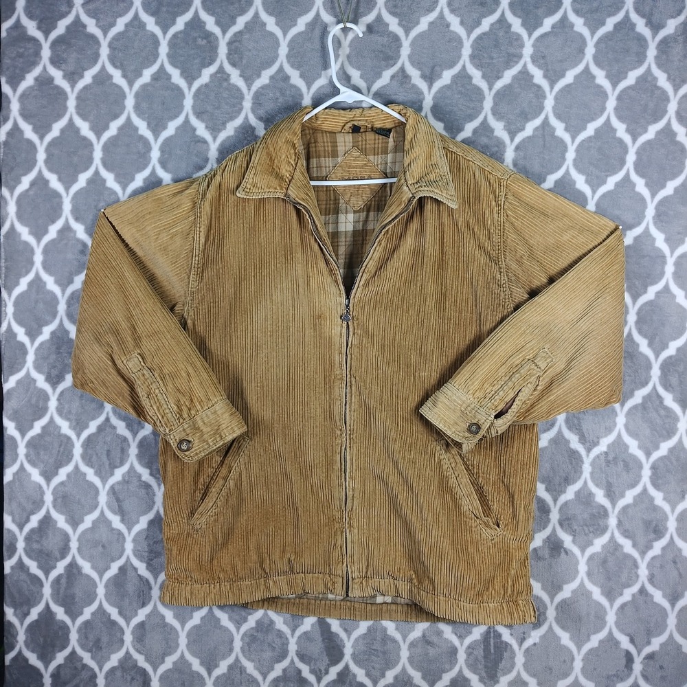 VTG Corduroy Jacket Men Large Tan Quilted Plaid Lined Full Zip Barn Coat Mosa